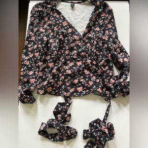 Floral Wrap Blouse with Pink and Black Design